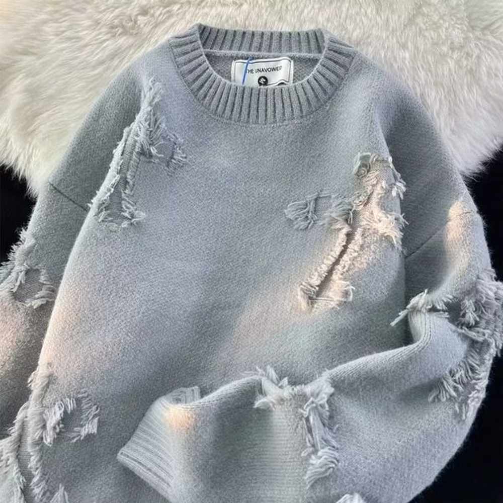 Designer 2024 new autumn and winter perforated men's round neck pullover trendy brand high street American youth knitted sweater