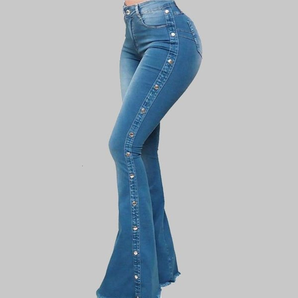 designer plus size womens high waisted elastic floor flared jeans