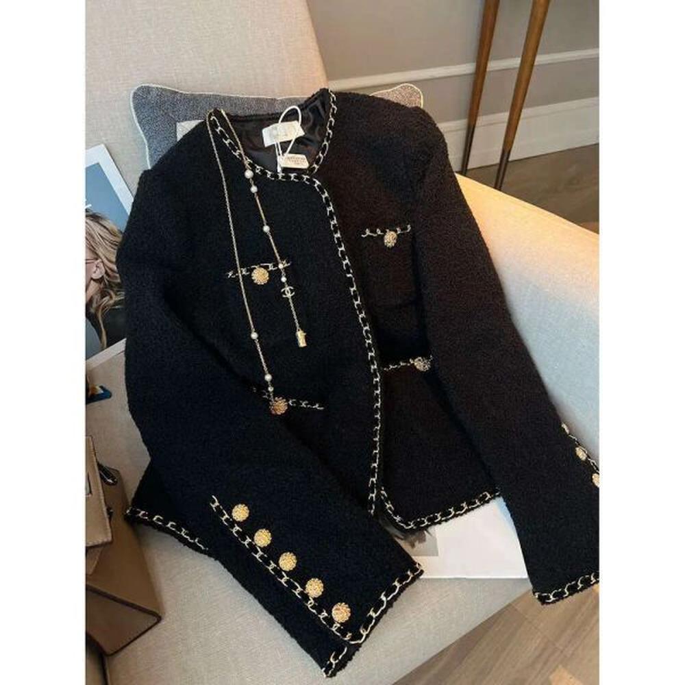 designer popular beautiful chic short fragrance black woven goldrimmed round