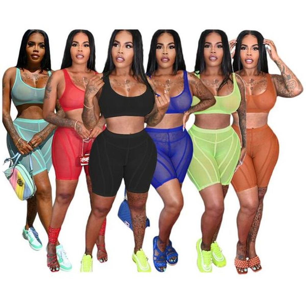 designer summer tracksuits sheer mesh two piece sets women