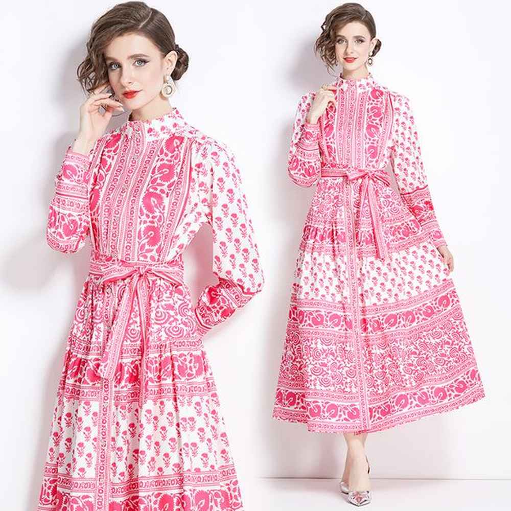 designer vintage floral long dresses women full sleeve button down