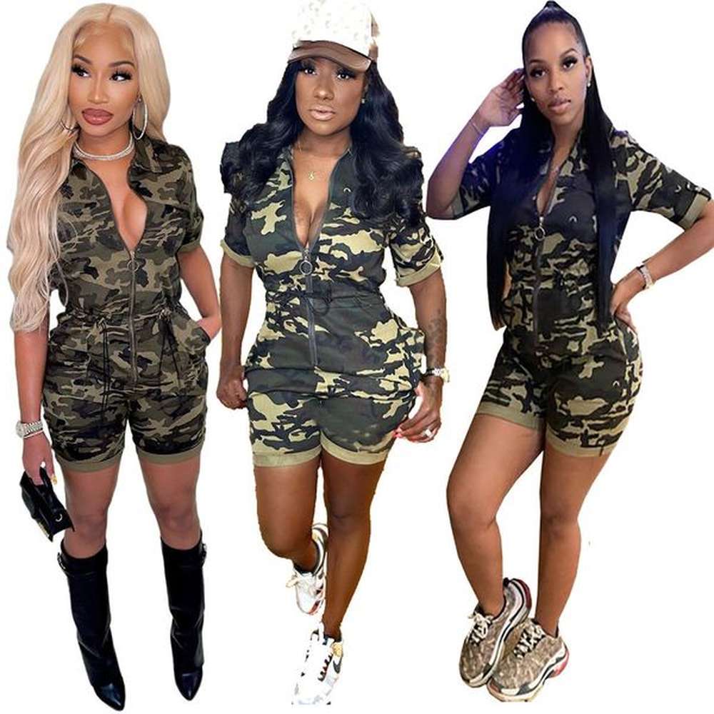 designer women short camouflage jumpsuits summer turndown collar zipper
