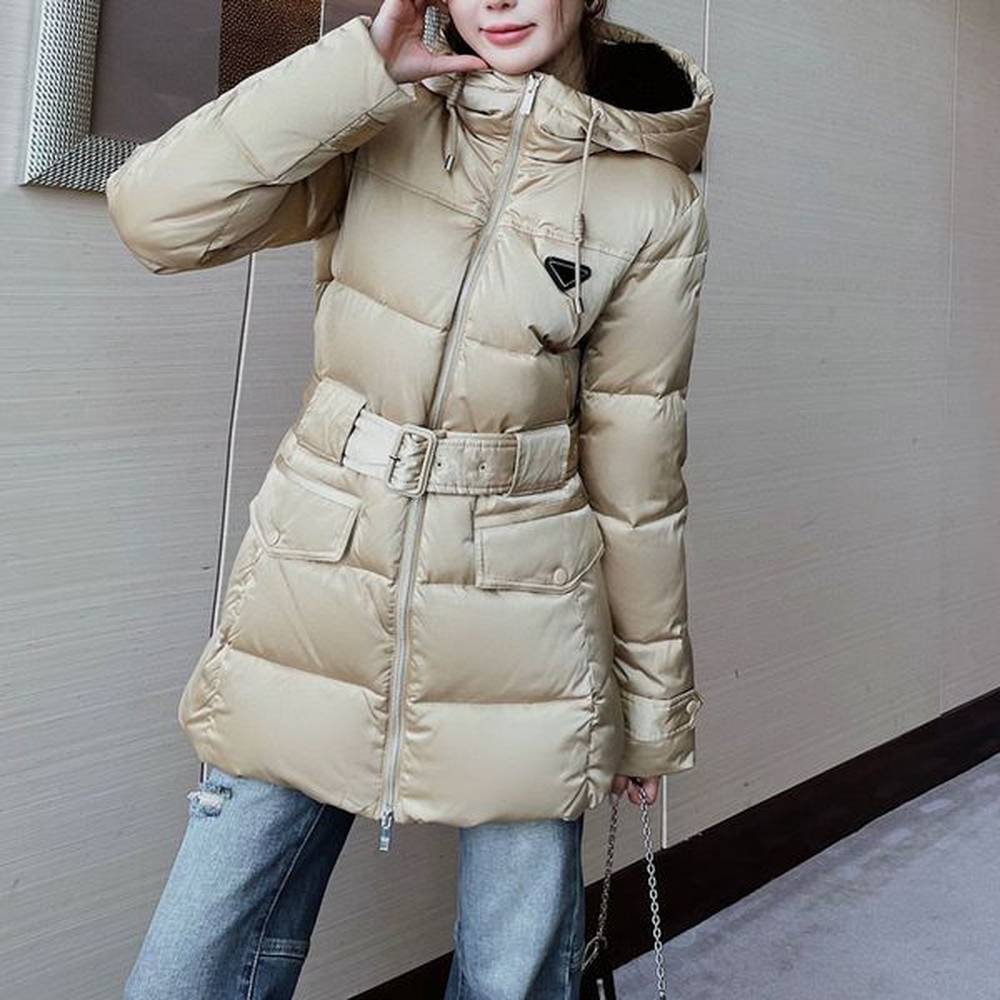 designer womens down coat classic inverted triangle elastic belt waist