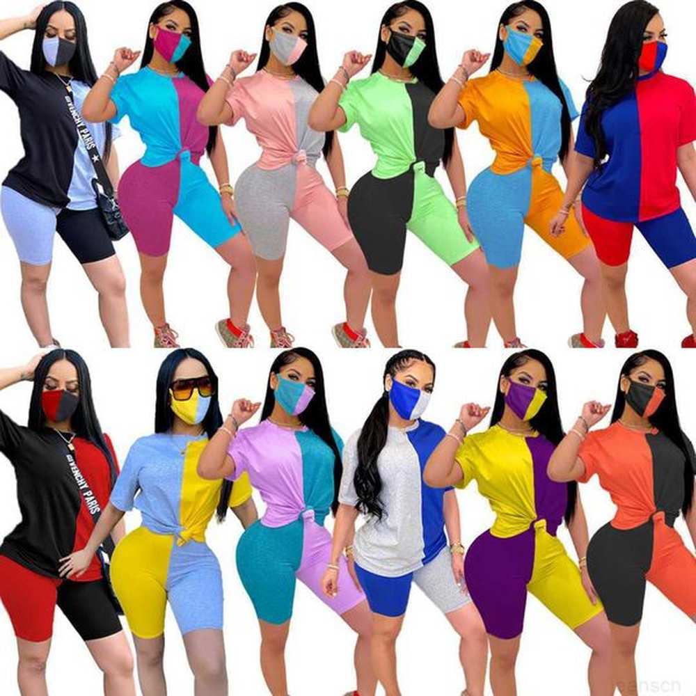 designer womens spring and summer short sleeve shorts patchwork suit