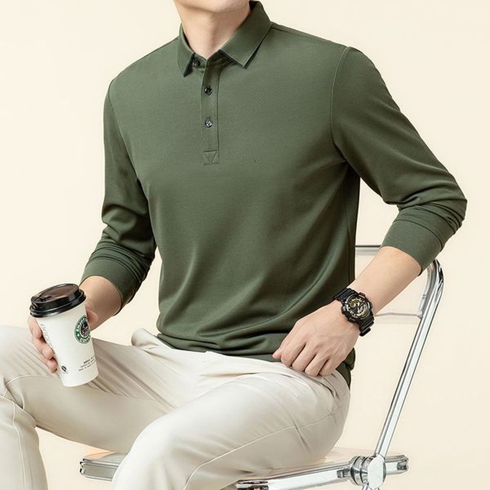 Designer's autumn new casual long sleeved polo solid color commuting trend shirt collar sweatshirt for men