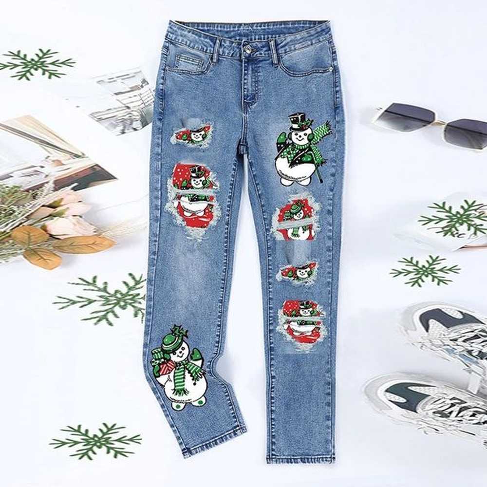 designers winter denim jeans with printed holes for womens wear