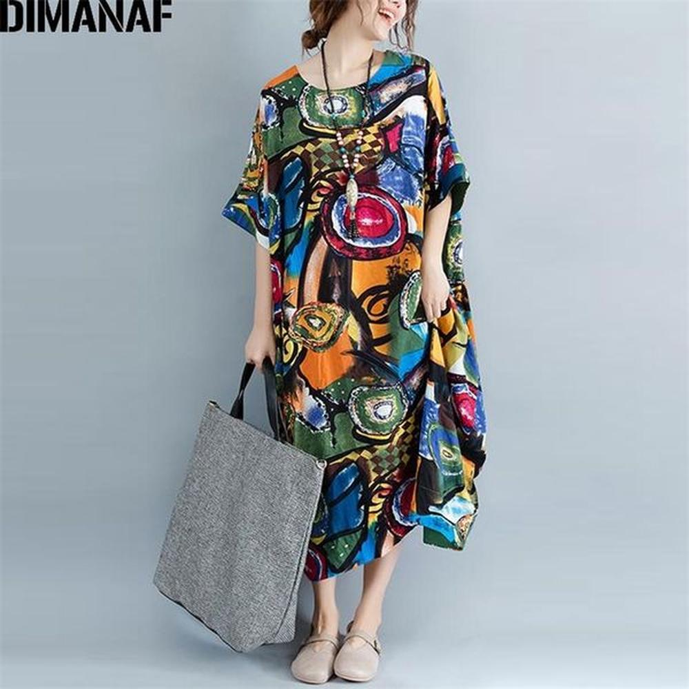 dimanaf women dress plus size summer pattern print linen colorful