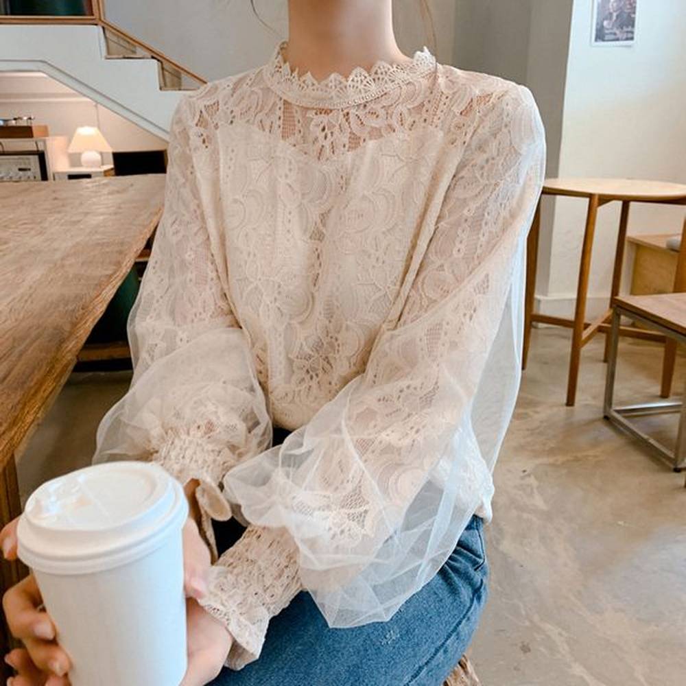 dingaozlz new fashion women lace blouse korea fashion stitching mesh
