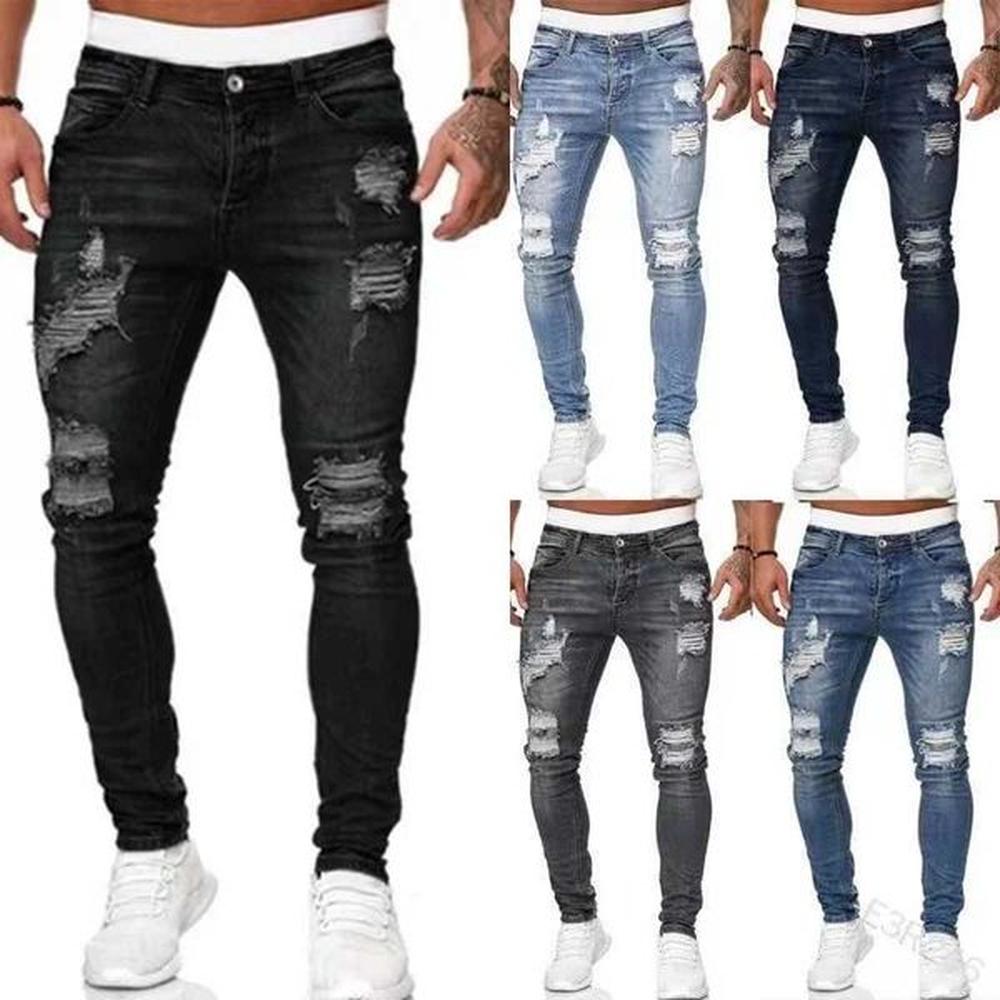 Distressed Stretch Ripped Jeans Mens Biker Jeans Men Slim Fit Holes Hip Hop Punk Jeans Zipper Pure Color Denim PantsXJ250103