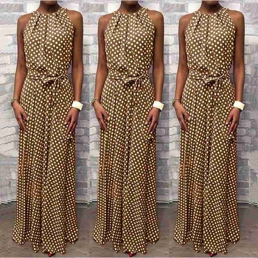 dot printing long dress women sleeveless halter neck coffee casual