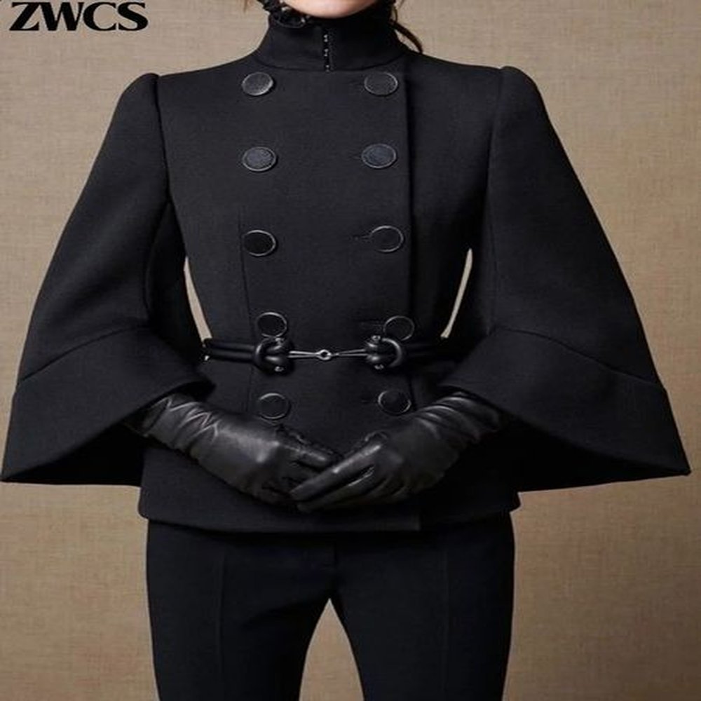 double breasted high neck jacket women solid flared sleeves buttoned