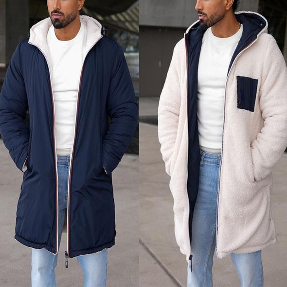 Double sided autumn and winter hooded zipper jacket, solid color warm windbreaker, men's jacket