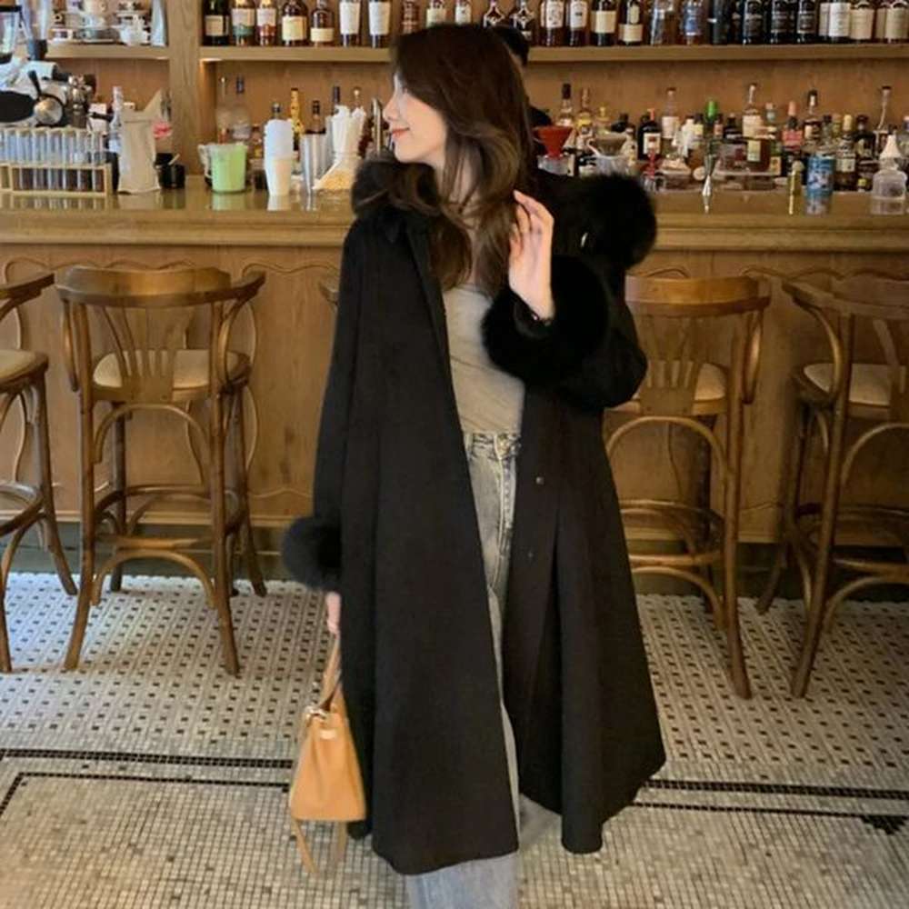 double sided soft wool coat womens medium length detachable fur