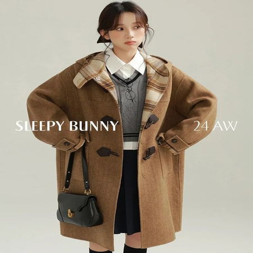 doublefaced wool duffle hoodie coat women toggle button classic plaid