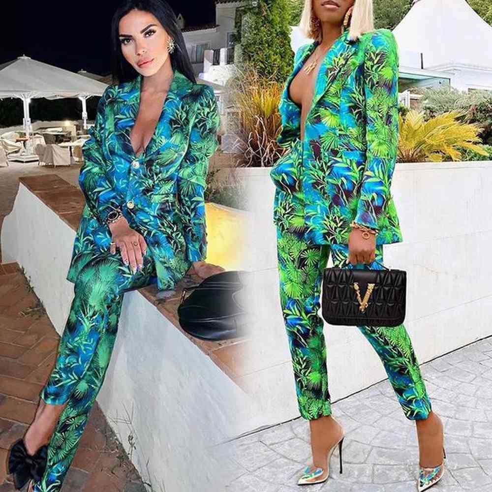 down jacket autumn women pant suits green jungle print