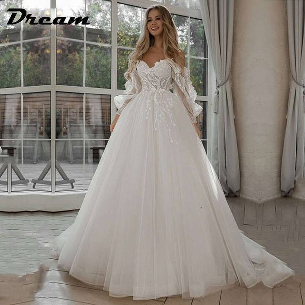 dream off shoulder lace glitter tulle wedding dresses long puff
