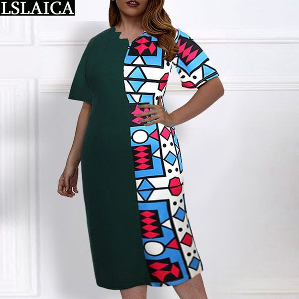 dress women summer fashion short sleeve patchwork print elasticity female