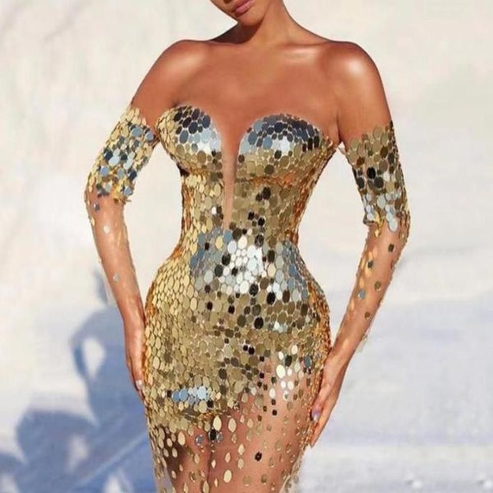 dresses trasparent sheer mesh strapless elegant dress women sexy gold