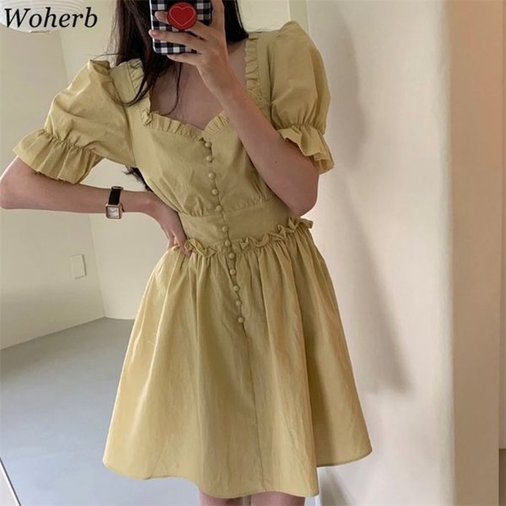 dresses women summer puff short sleeve square collar robe sweet