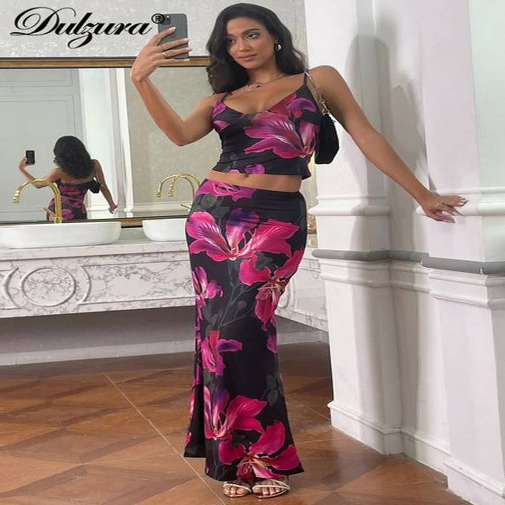dulzura sexy matching suit floral print tops camisole midi skirt