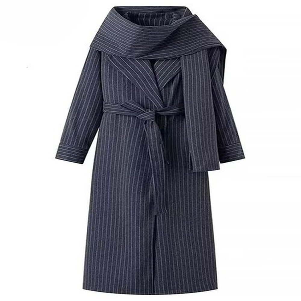 eam blue striped scarf casual trench women new lapel long