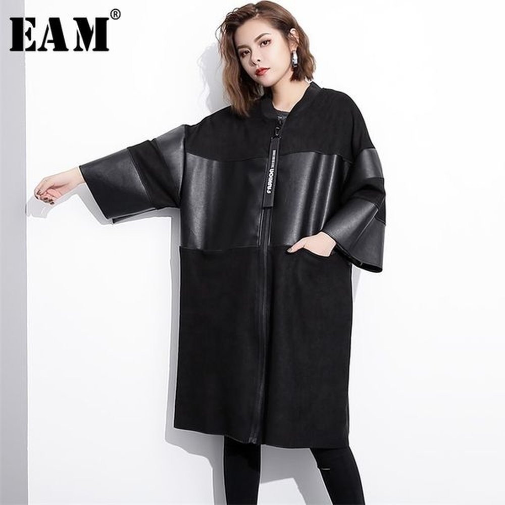 eam loose fit black pu leather spliced big size jacket