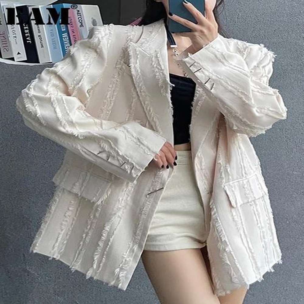 eam women beige big size burr casual blazer lapel long