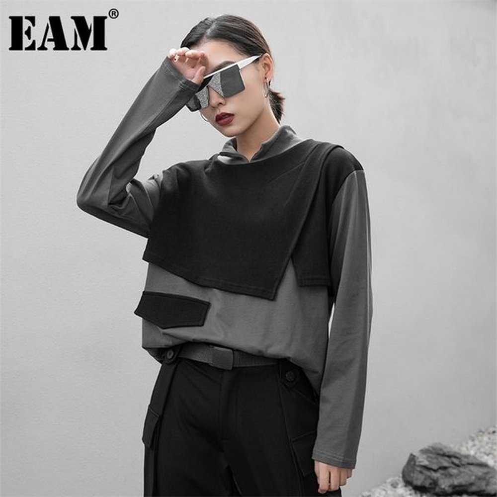eam women gray contrast color big size irregular tshirt turtleneck