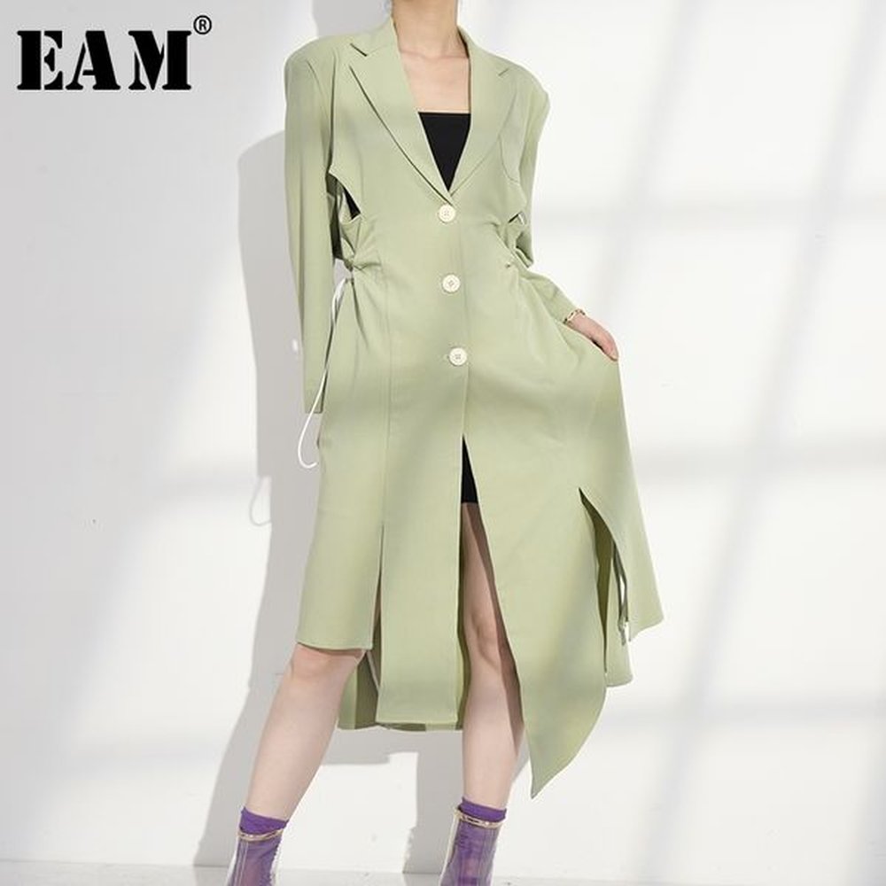 eam women green hollow out irregular trench lapel long sleeve