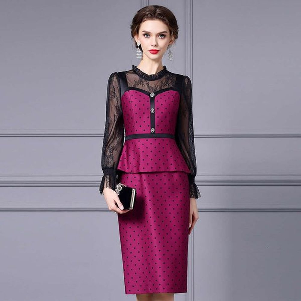 early autumn gray base dress with feminine temperament lace patchwork