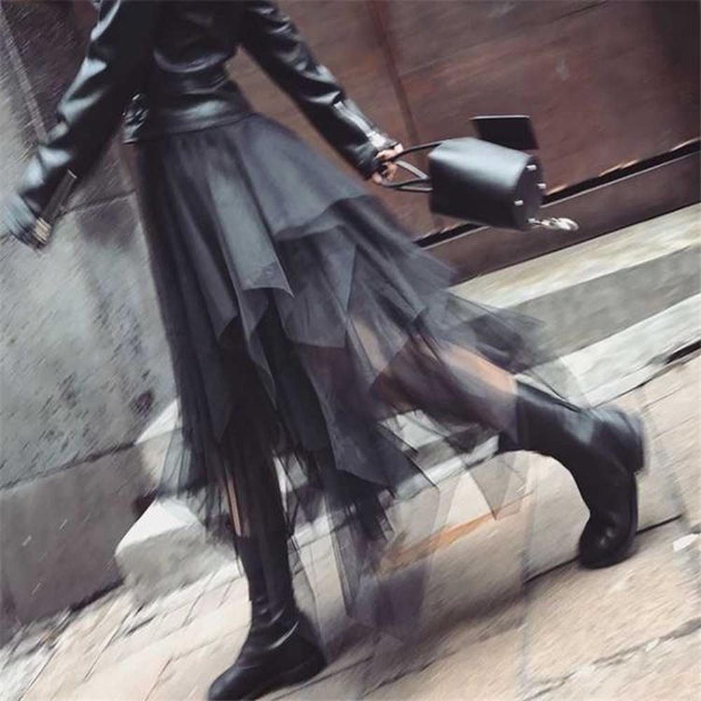 elastic high waist irregular tulle midi skirt fashion womens mesh