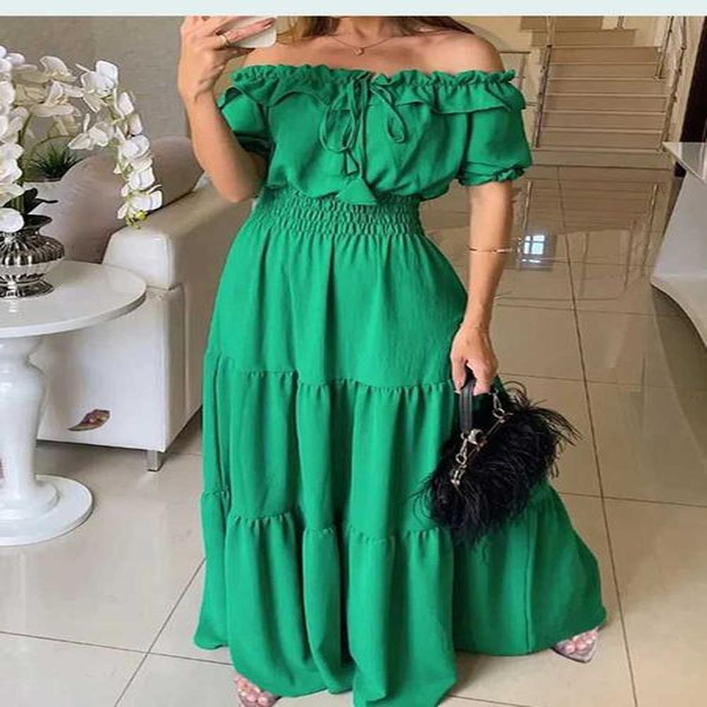 ele solid color puff short sve women dress ruffles ong