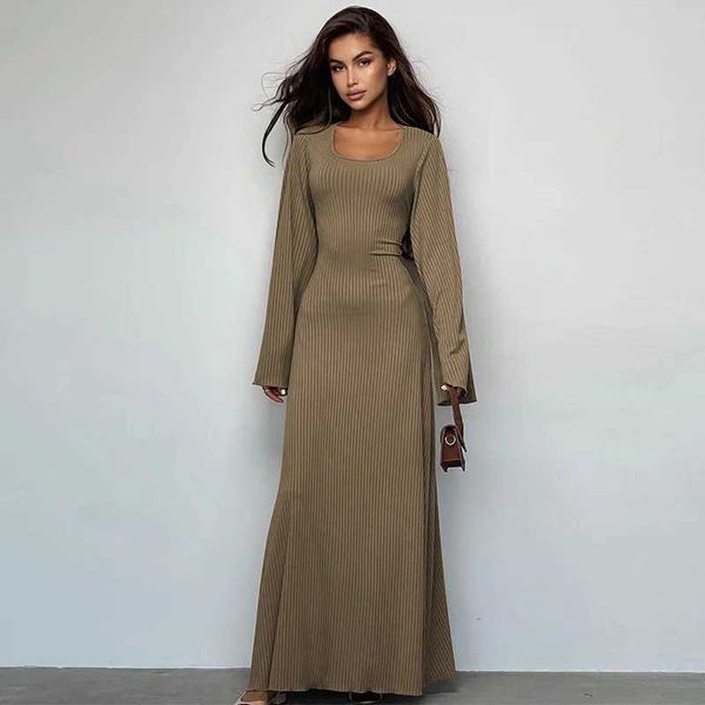 ele square neck laceup ribbed trumpet maxi dress fe long