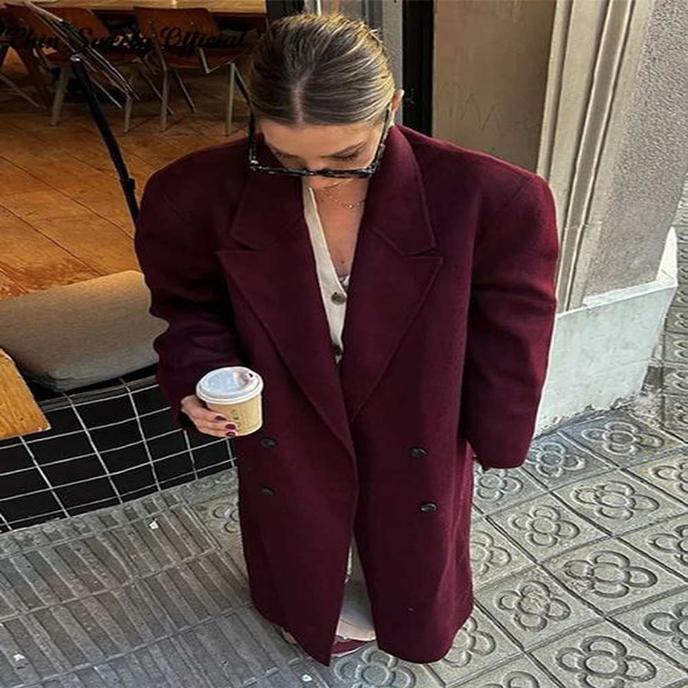 elegant burgundy red collar womens jacket loose sleeves fully matched