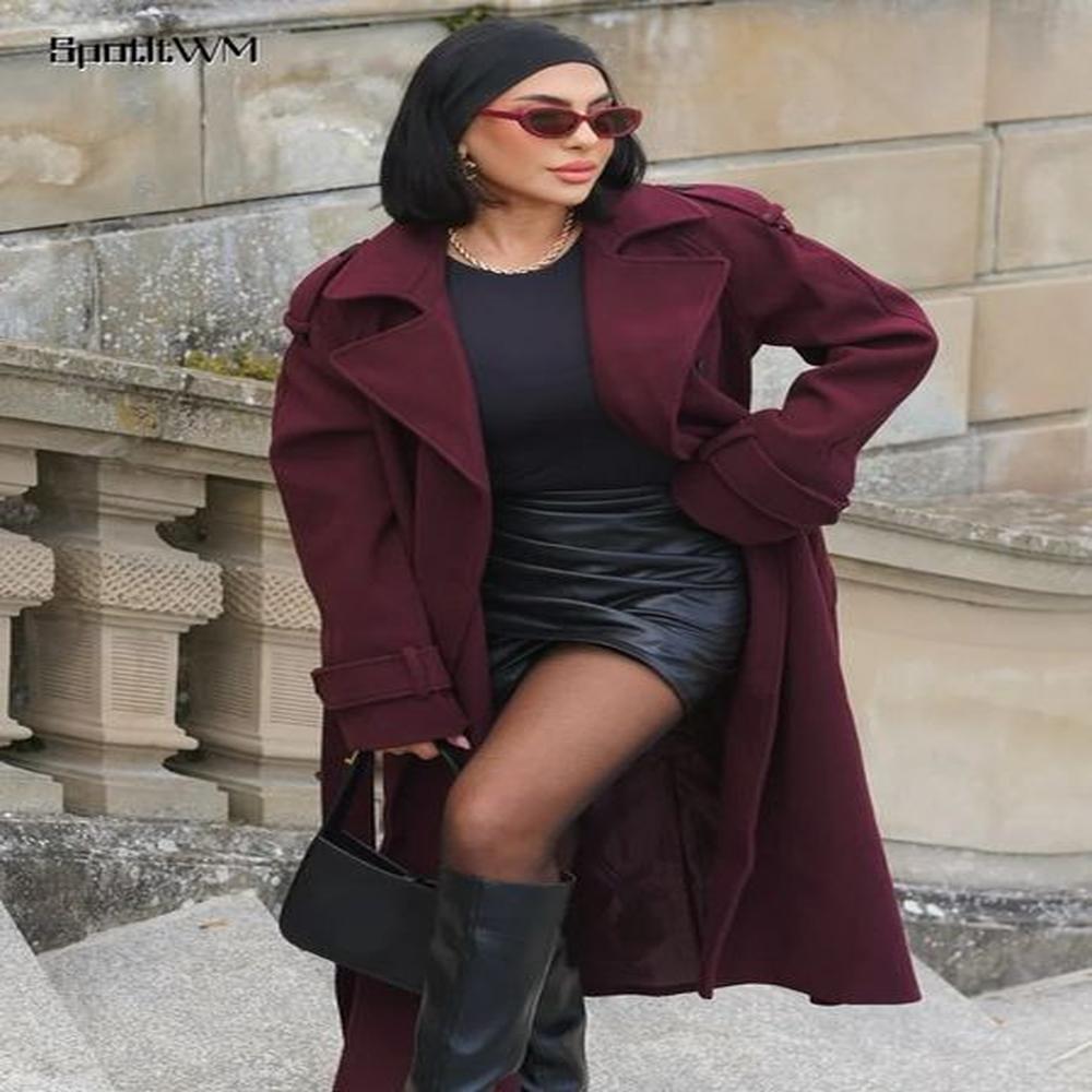 elegant burgundy red wool blends long coat with belt fashion