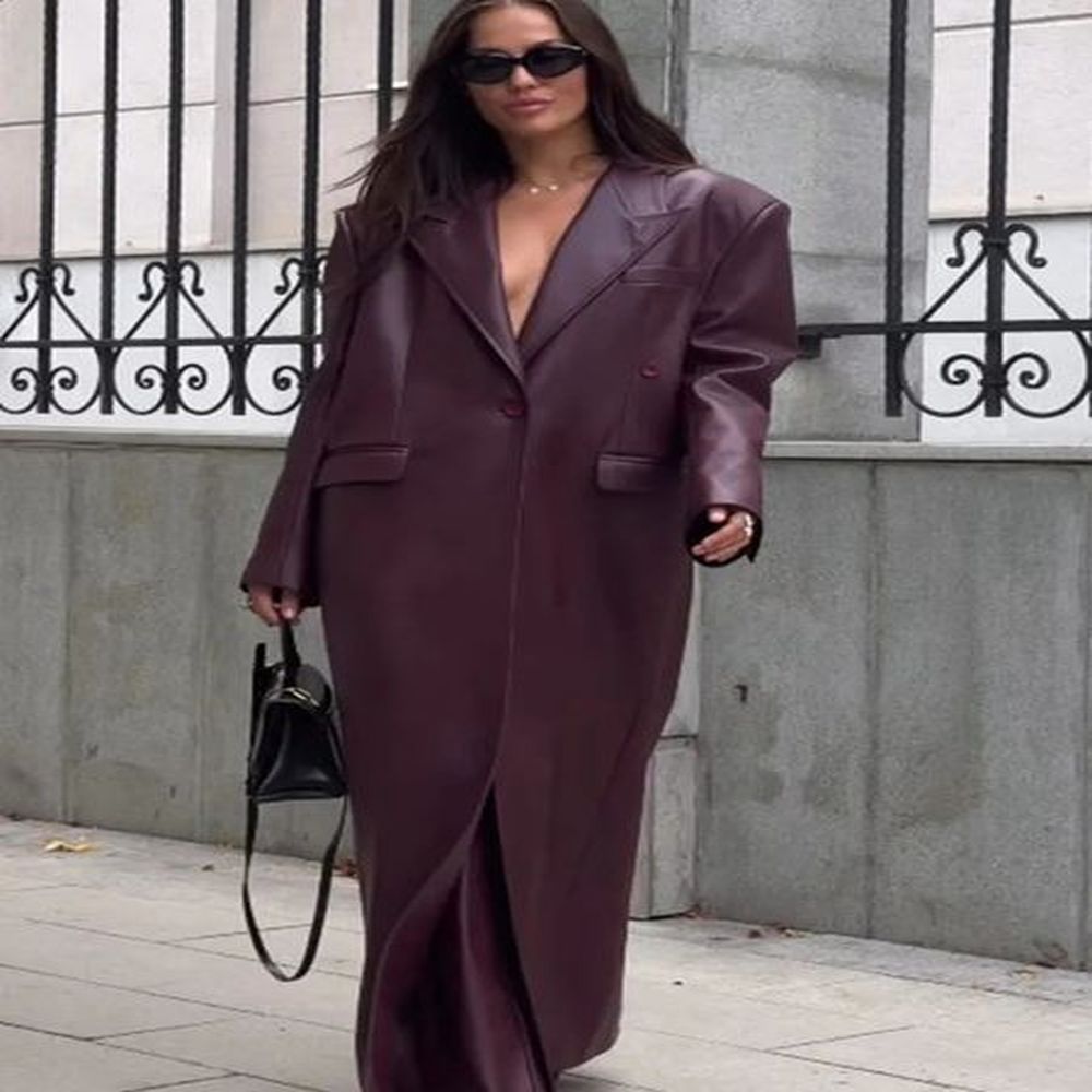 elegant burgundy single button womens leather coat fashionable flip pocket