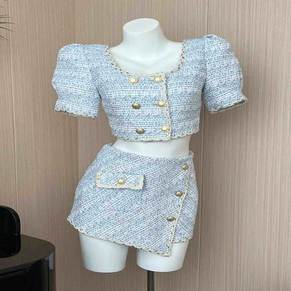elegant chic vintage tweed sets women outfits puff sleeve double