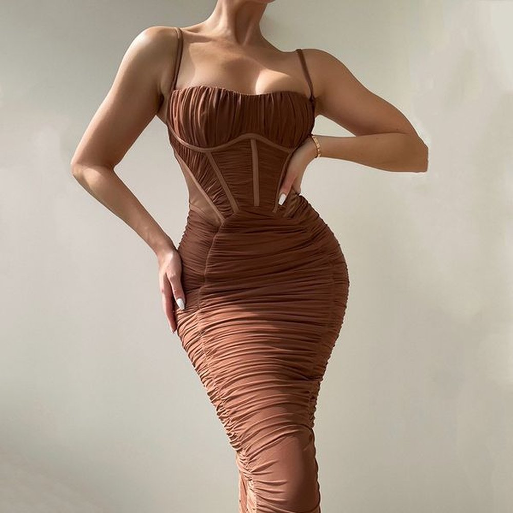 elegant corset ruched maxi dress women fashion spaghetti strap sleeveless