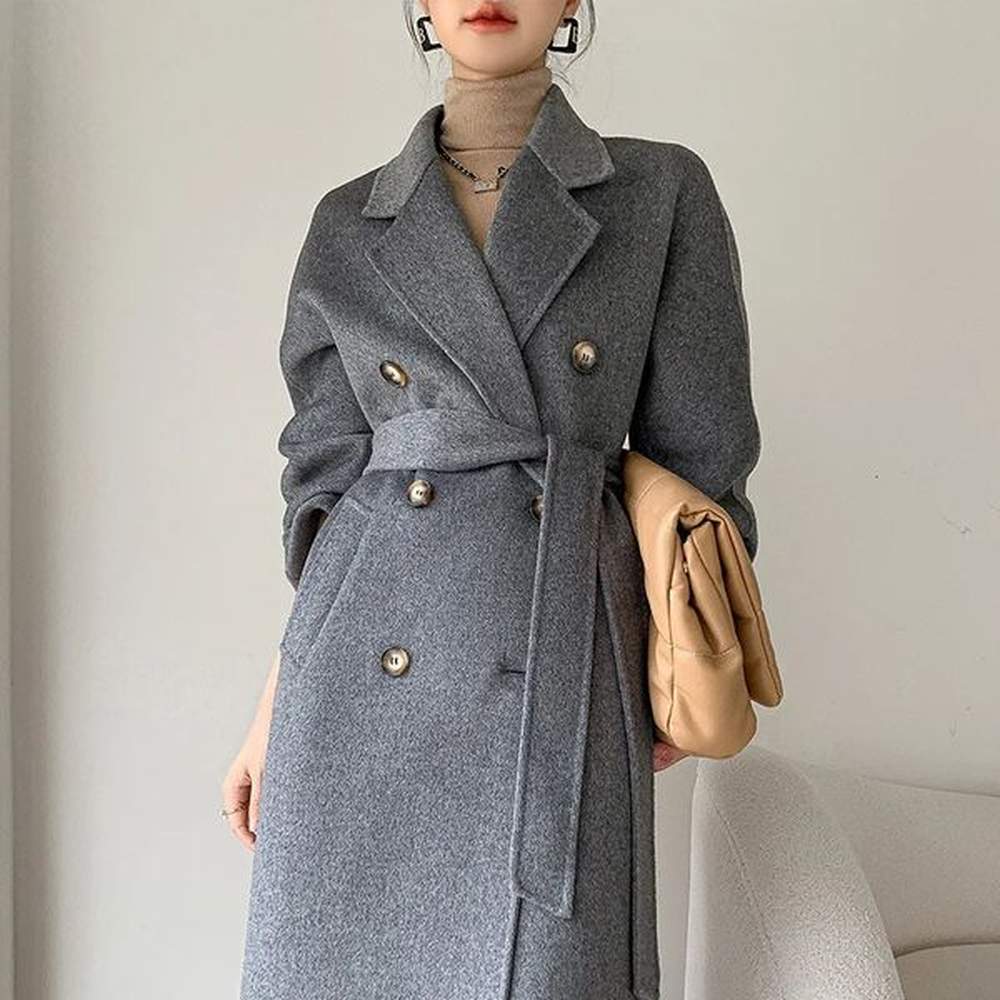 elegant double sided wool coat breasted long jacket for
