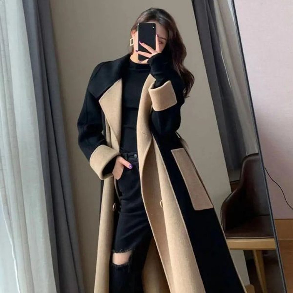 elegant doublebreasted women overcoat turndown collar keep warm pockets oversized