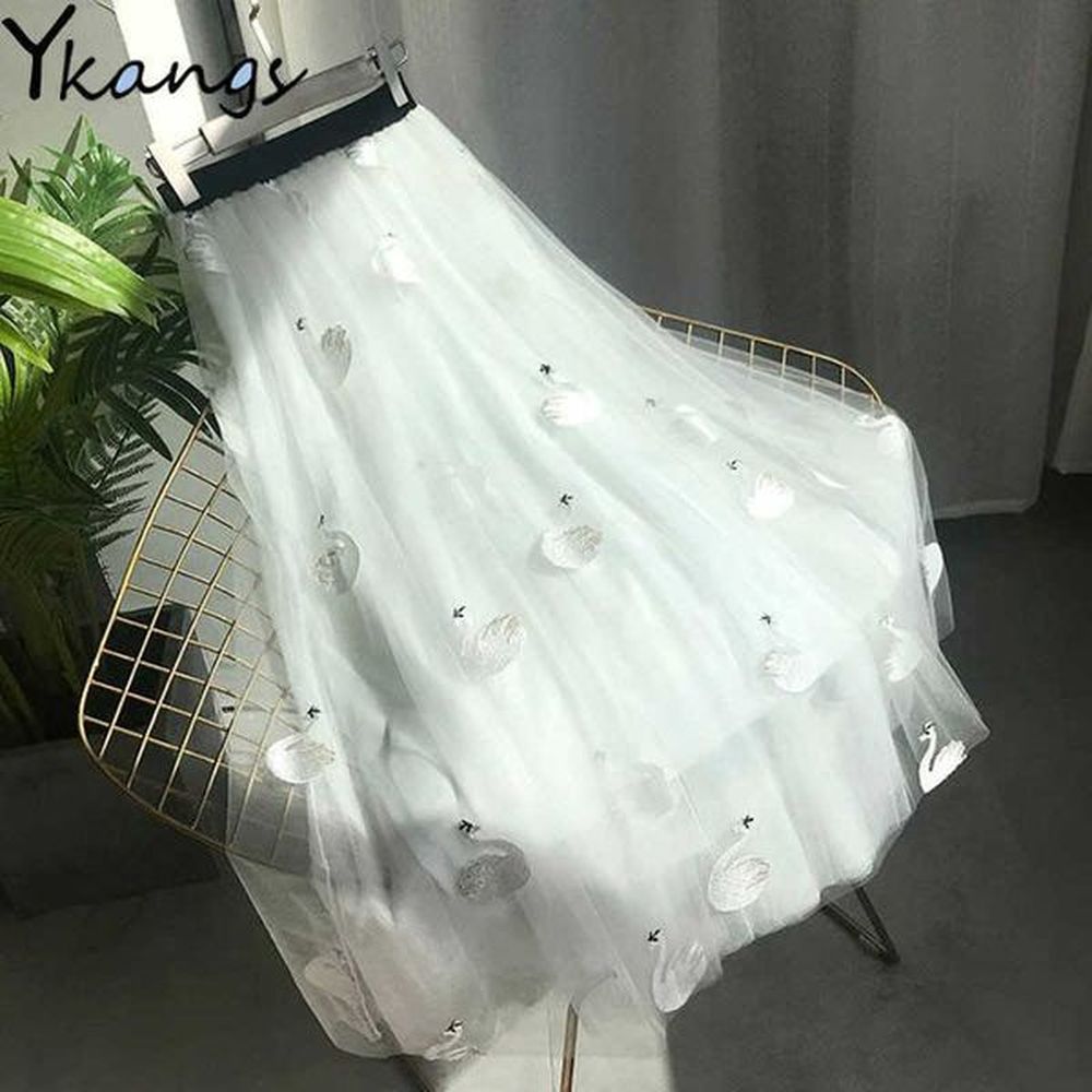 elegant feathers swan embroidery midi skirt women summer boho tulle