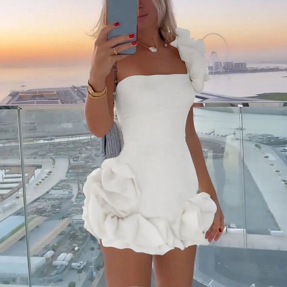 elegant flower edge pleated mini dress women fashion slim off
