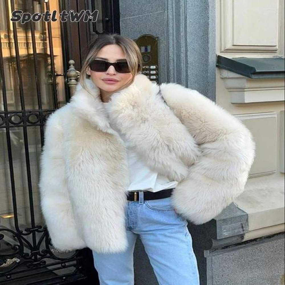elegant furry stand collar fluffy cardigan chic faux thick coat