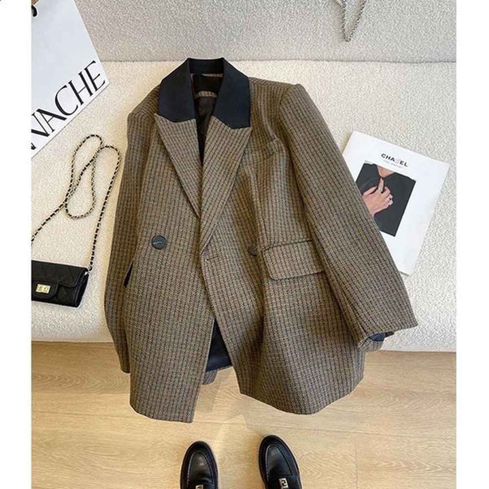 elegant houndstooth wool blend blazer stylish winter thicken jacket