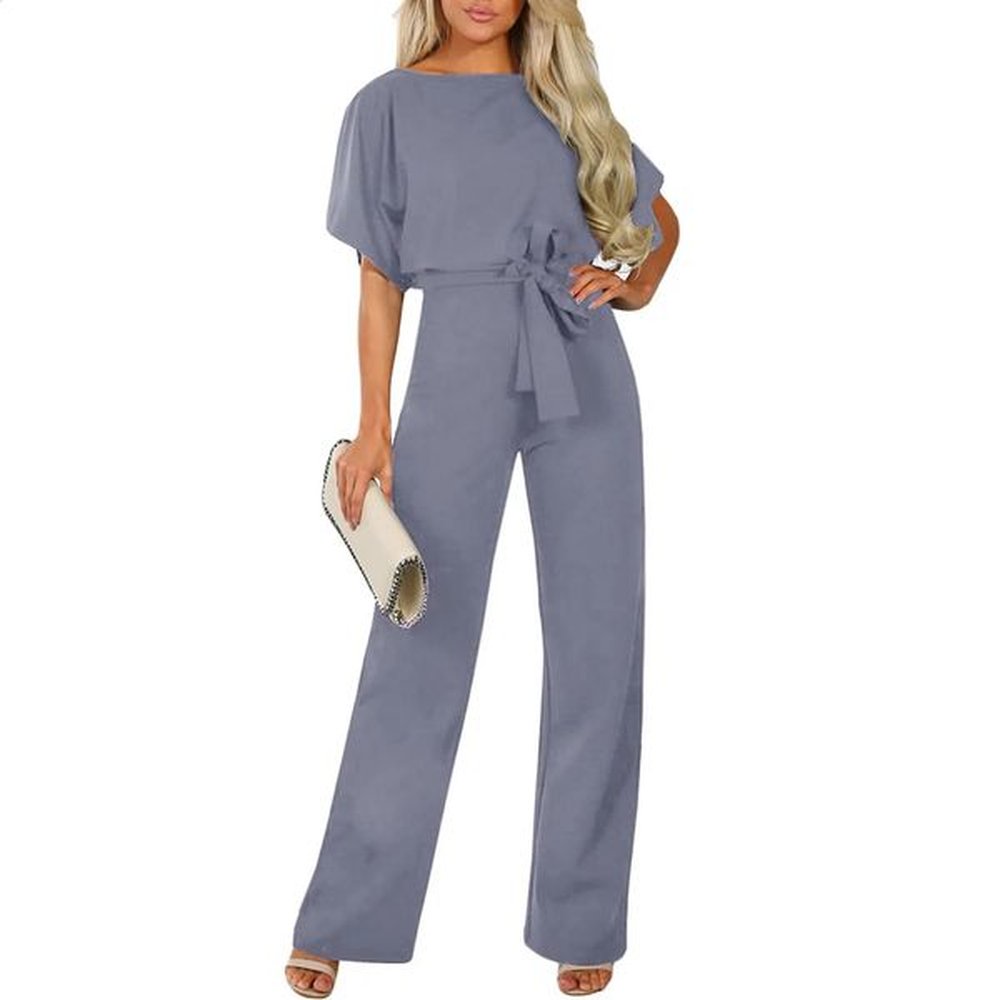 elegant jumpsuit lace up high waist women solid color straight