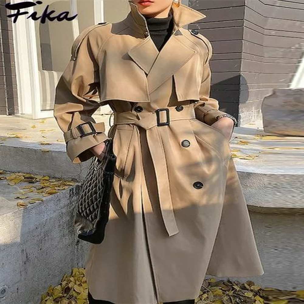 elegant khaki long trench coats for women vintage double breasted