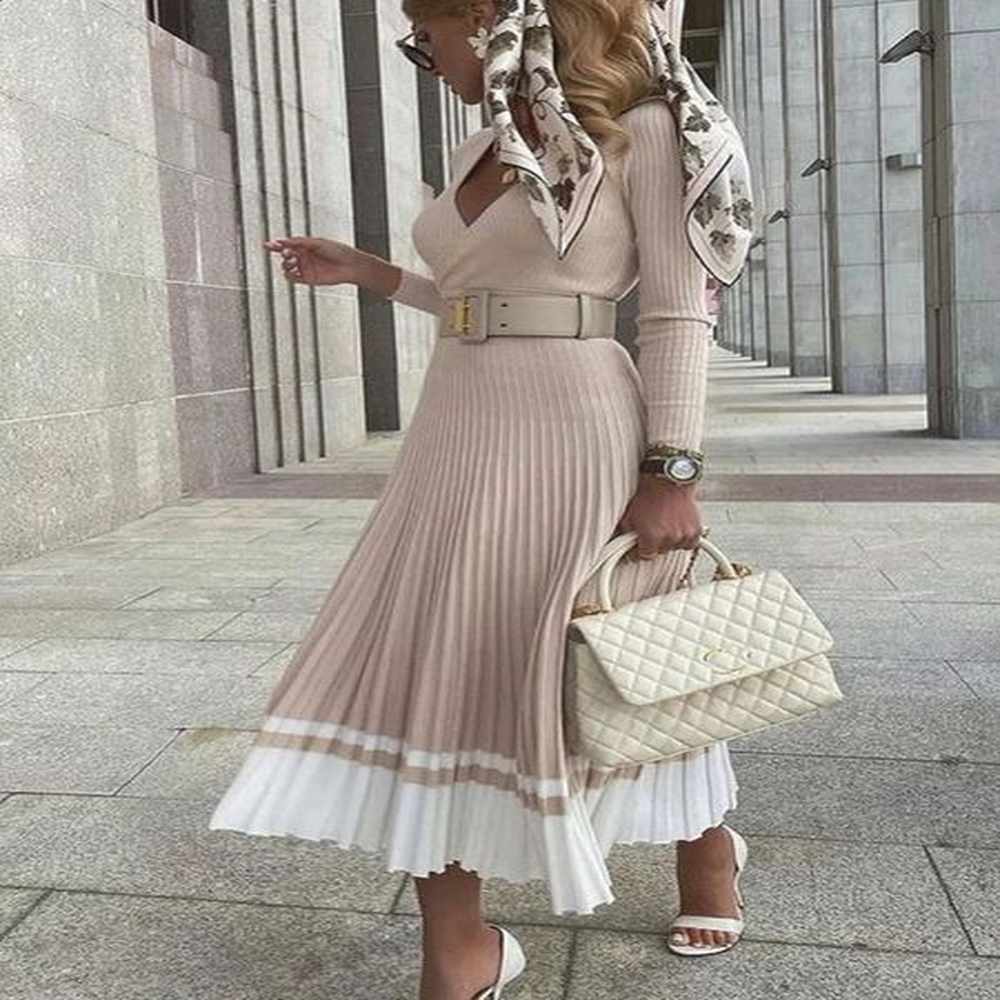 elegant knitted aline patchwork sweater dress women casual vneck high