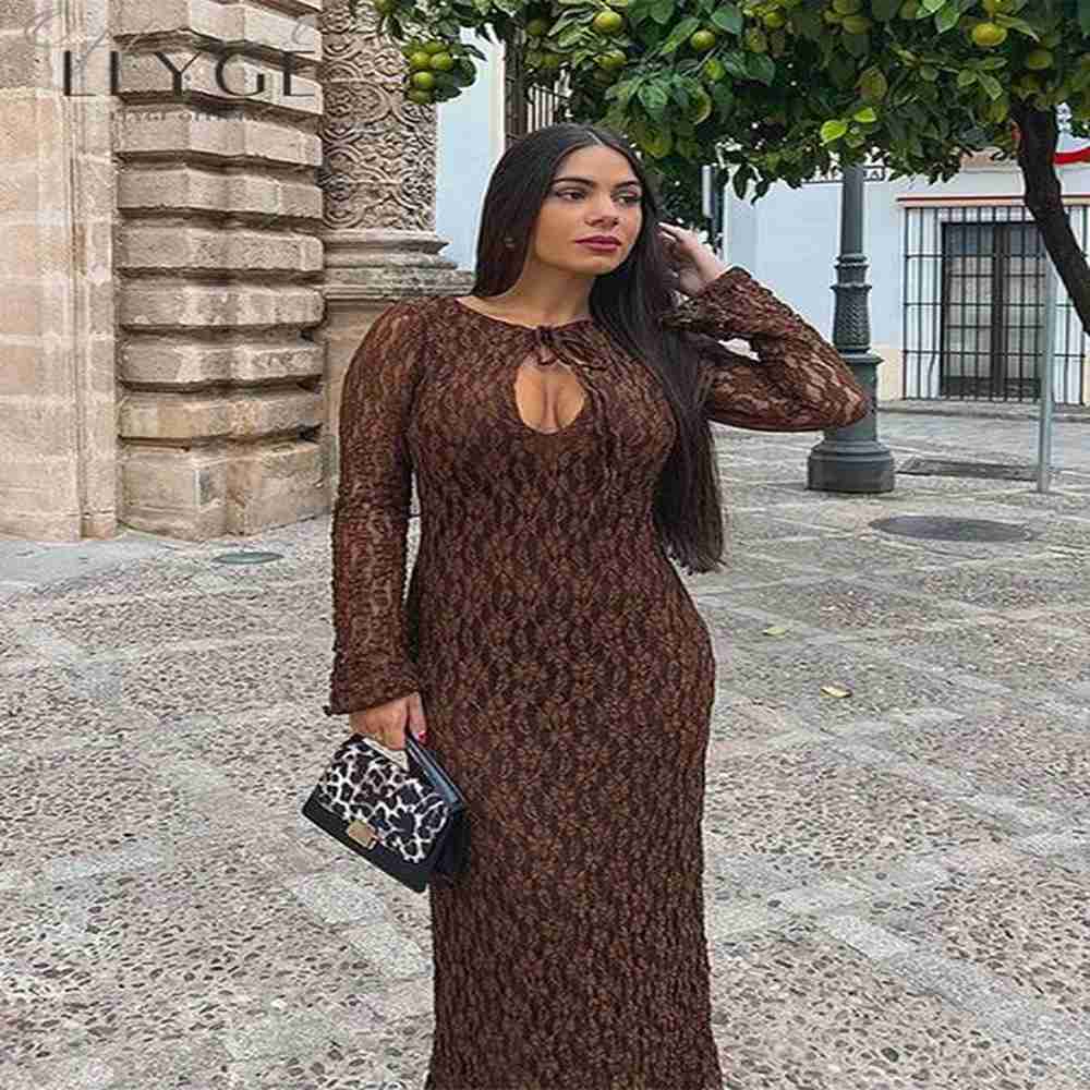 elegant lace long dress women strappy autumn oneck hollow out