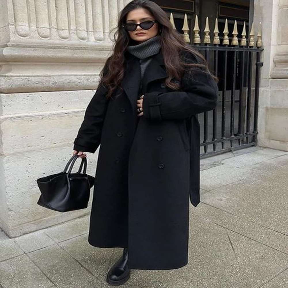 elegant lapel long sleeve womens woolen coat single breasted pocket