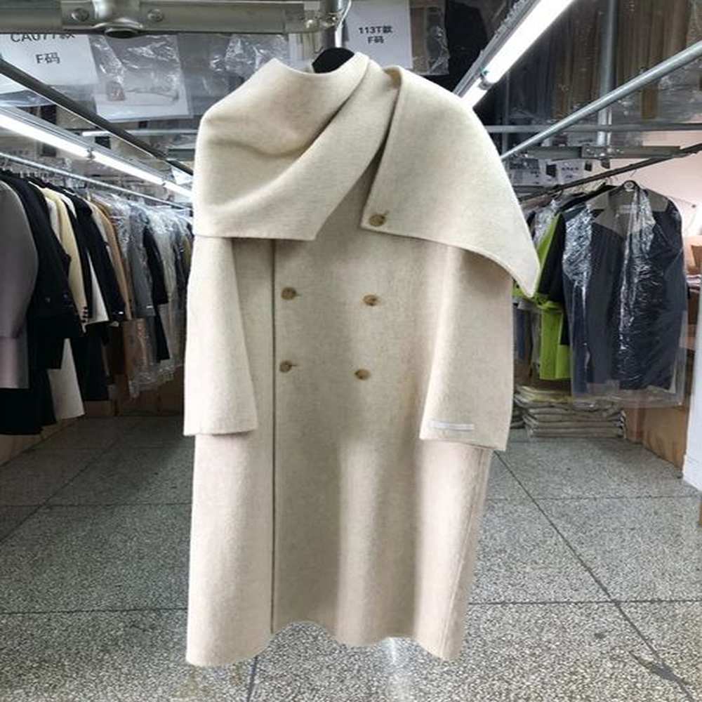 elegant large scarf collar double breasted wool coat womens loose